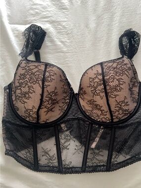 Longline Black Lace Bra with Nude Lining